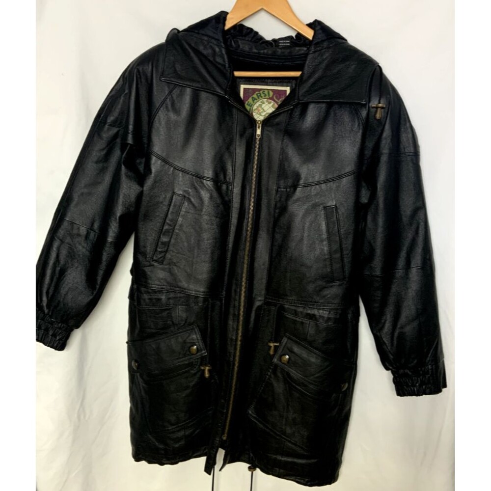 LEARSI Genuine Black Leather Hooded Jacket Coat Women's Small